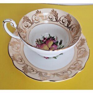 Foley Wide Mouth Teacup and Saucer, Fruit & Floral Bouquet, Gold Accents England